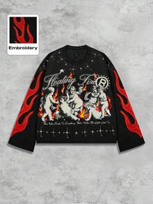 ROMWE MEN Street Life Embroidered Angels Distressed Long Sleeve T-Shirt For Men, Fall - Black - View 3