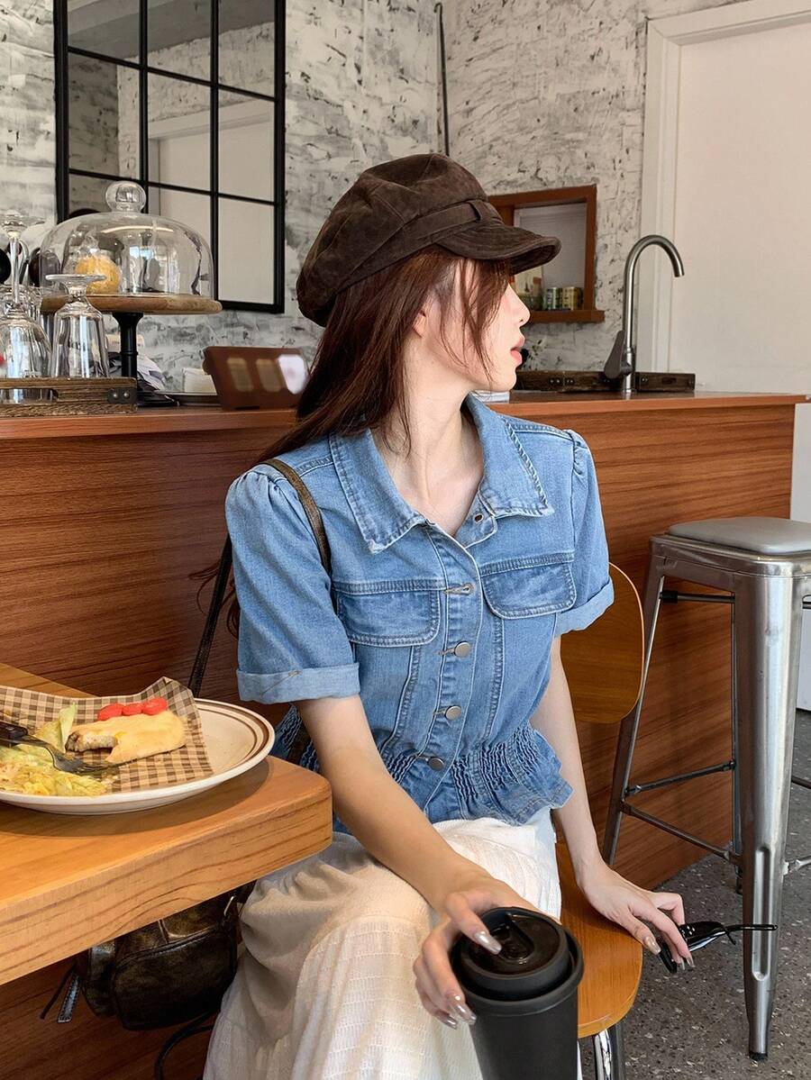 DAZY 女式韩版修身牛仔衬衫，女性化夏季上衣