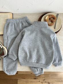 SHEIN 2pcs/Set Young Boys Casual Comfortable Stand Collar Half-Zip Pocket Decor Contrast Color Pullover Hoodie And Loose Fit Thermal Lined Cargo Pants Set, Suitable For Winter Fall - Grey - View 2