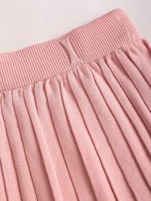 SHEIN Unity 甜美粉色高腰飘逸修身休闲针织性感A字JK百褶迷你裙，校园女孩风格 - 粉色 - 查看 3