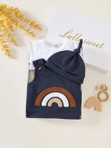 SHEIN Newborn Male Baby White Long Sleeved Shirt Paired With Navy Blue Sleeveless Rainbow Embroidered Jumpsuit And Hat, Autumn New Fabric Comfortable And Innovative Style Fall Winter - Multicolor - View 6