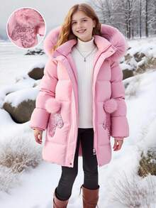 SHEIN 1pc Mid-Length Hooded Parka With Faux Fur Collar, Pockets & Sequin Decor, Zipper Closure, Winter Fall - Baby Pink - View 2