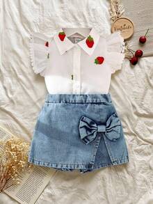 SHEIN 2pcs/Set,Baby Girl Spring&Summer Casual Style Strawberry Shape Embroidery Shirt&Short Jeans - White - View 1