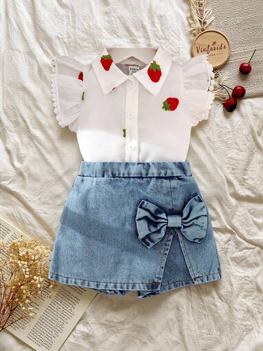 SHEIN 2pcs/Set,Baby Girl Spring&Summer Casual Style Strawberry Shape Embroidery Shirt&Short Jeans - White - View 1