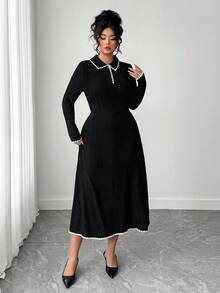 Elenzga Plus Size Crew Neck Long Sleeve Half-Placket Fashionable Elegant Colorblock Knit Dress