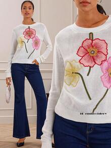 Lilora 2025 Frühherbst Städtisch Lässig Resort Elegant Retro Weiß 3D Blumen Stickerei Langarm Locker Leicht Damen Pullover Sweater, geeignet für Valentinstag, Retro, Date Night, formelle Anlässe, bequem, lässig, Outdoor - Weiss - Übersicht 3