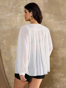 Roveilla 大码女式法式蕾丝花边雪纺衬衫 - 杏色 - 查看 2