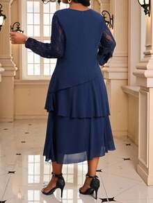 Fleurora Váy midi xếp nếp nhiều lớp, tay khoét rỗng màu xanh chuyên nghiệp cho nữ, váy giáo viên, váy mùa thu, váy ren bốn mùa - Màu xanh lam - Xem 2