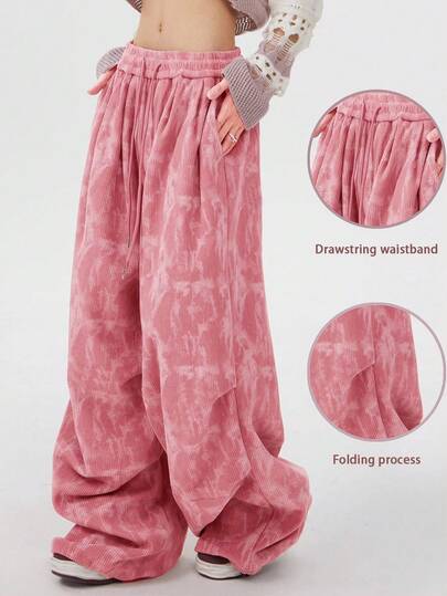 INAWLY Women's Loose Fit Corduroy Pants With Leg Ruffle Pattern