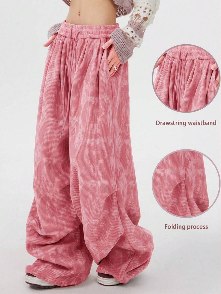 INAWLY Women's Loose Fit Corduroy Pants With Leg Ruffle Pattern - Pink - View 1