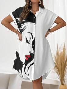 EMERY ROSE Robe chemise grande taille à manches courtes avec col boutonné, colorblocking, portrait de lèvres rouges et vue de côté, pour l'été