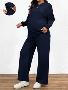 SHEIN 2 件孕妇套装：休闲纯色上衣和宽松裤子孕妇两件套 2 件休闲套装女士长袖孕妇休闲套装孕妇休闲裤孕妇装两件套 - 寶藍色 - 查看 3