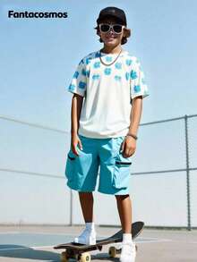 SHEIN Tricou cu desene animate Tween Boy și pantaloni scurți cu buzunare