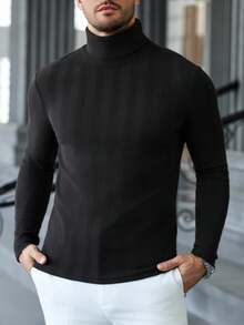 Manfinity CasualCool Men's Casual Solid Color Turtleneck Slim Fit Versatile Long Sleeve T-Shirt, Fall - Black - View 4