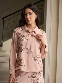 ZEYLAH Elegant Women's Long Sleeve Casual Shirt With Romantic Ribbon Collar And Sequin Decor - Apricot - View 4