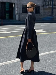 DAZY Women's Fashionable Casual Waist Belt Trench Coat Style Mid-Length Dress Button Up Shirt Dress - Navy Blue - View 6