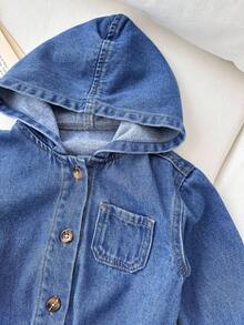 SHEIN 女婴蓝色牛仔连帽长袖夹克 - 深色水洗藍 - 查看 3