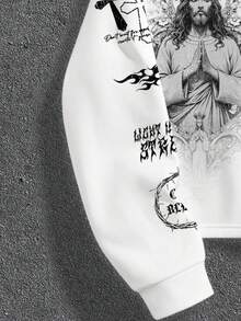 Manfinity ZONE917 Box Cut Short Gothic Jesus Thorns Heart Slogan Print White Hoodie