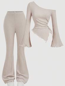 SHEIN Girlism Teen Girls Apricot Drawstring Asymmetric Hem Flared Sleeve T-Shirt And A Two Pieces Flared Pants Suit,Off Shoulder T-Shirt,Fall Girl Clothes,Comfortable T-Shirt Suit Winter - Apricot - View 3