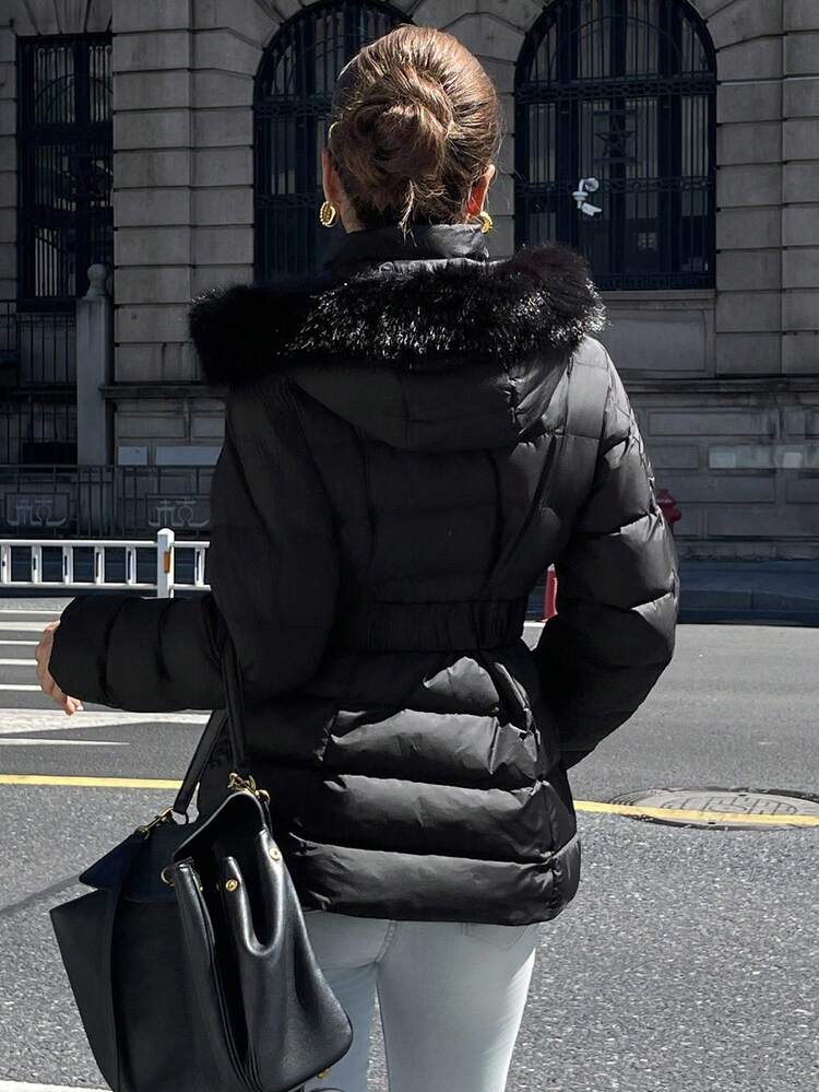 Women's Hooded Padded Coat With Fur Collar, Waist Cinched Winter Jacket