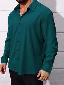 Manfinity Homme Plus Size Men's Casual Solid Color Long Sleeve Loose Fit Shirt, Spring/Autumn, For Fall - Dark Green - View 4