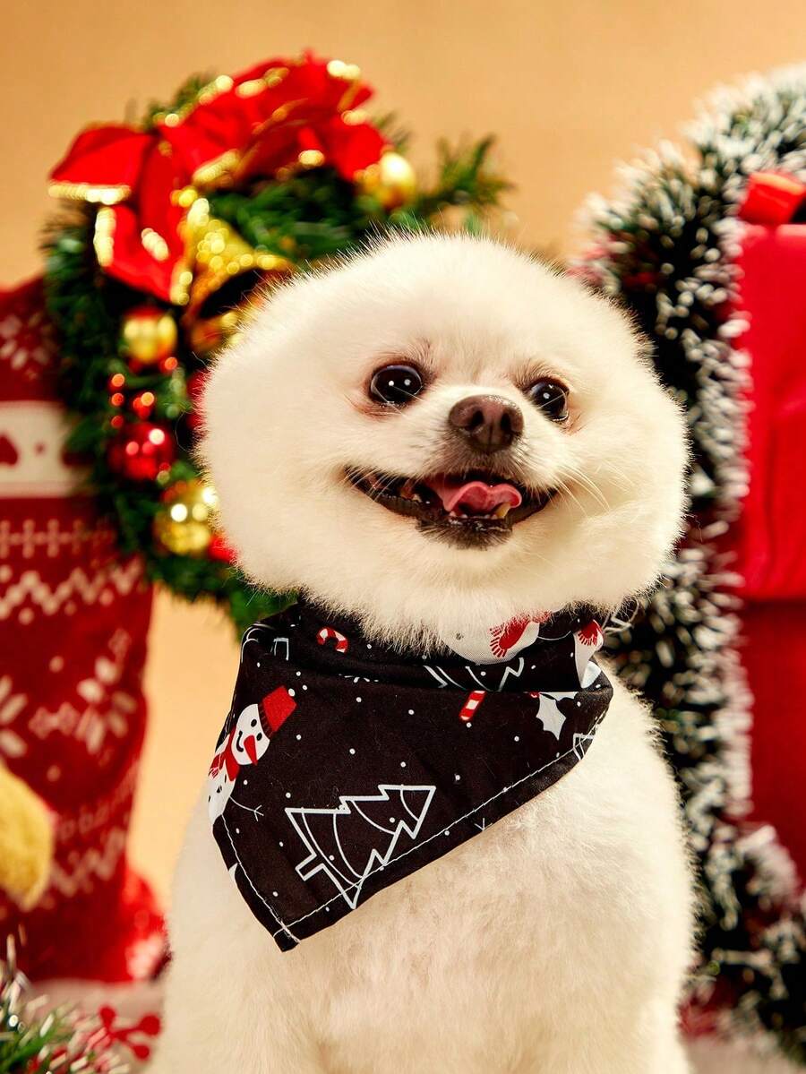 PETSIN 1pc Christmas Tree Print Pet Bandana, Lightweight Polyester Fabric, For Small/Medium Dogs, Christmas Party