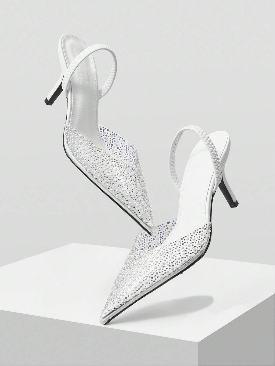 MOTF Tacones de aguja con malla y strass para mujer, ideales para fiestas, adecuados para Halloween - Blanco - Ver 1