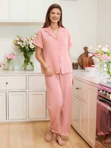 Ruffle Trim Pocket Patched PJ Set / Pajama Set