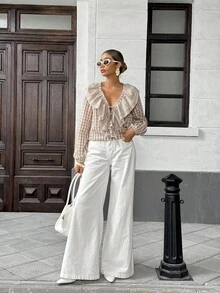 Pariaura Blusa de mujer vintage francesa de seersucker con estampado de cuadros, camisa marrón, camisa caqui, top marrón, para salir, top para salir, blusa elegante de mujer, vestido elegante de mujer, otoño de mujer, invierno de mujer, casual de negocios de mujer, elegante de mujer, blusa con volantes - Caqui - Ver 3