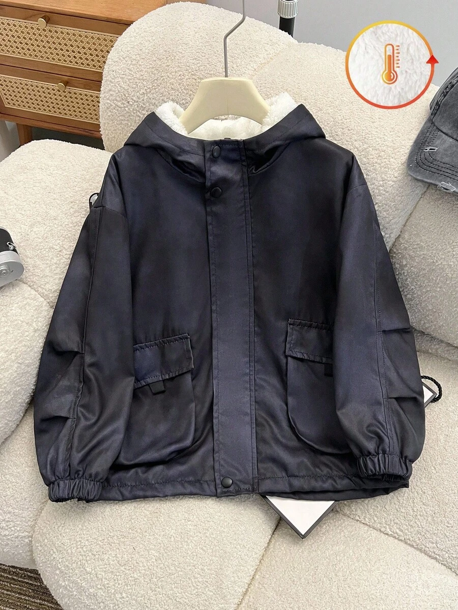 1 件男童加大保暖内衬实用夹克,带大口袋,数码扎染面料,休闲户外服装 - 黑色 - 查看 1