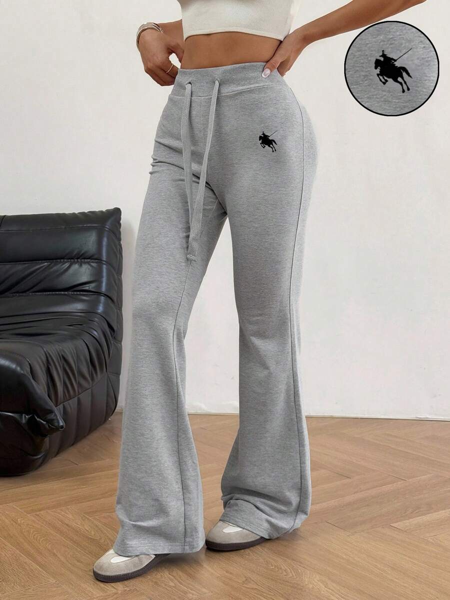 SHEIN EZwear 女式夏季骑士刺绣抽绳腰休闲喇叭裤 - 灰色 - 查看 1