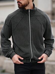 Manfinity Homme Men's Casual Zip-Up Patchwork Jacket, Autumn - Black - View 1