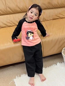 DAZY 2pcs Baby Girls' Cartoon Print T-Shirt With Raglan Sleeve & Loose Solid Color Pants Pajama Set Fall,Winter Toddler Girls Clothes - Baby Pink - View 3