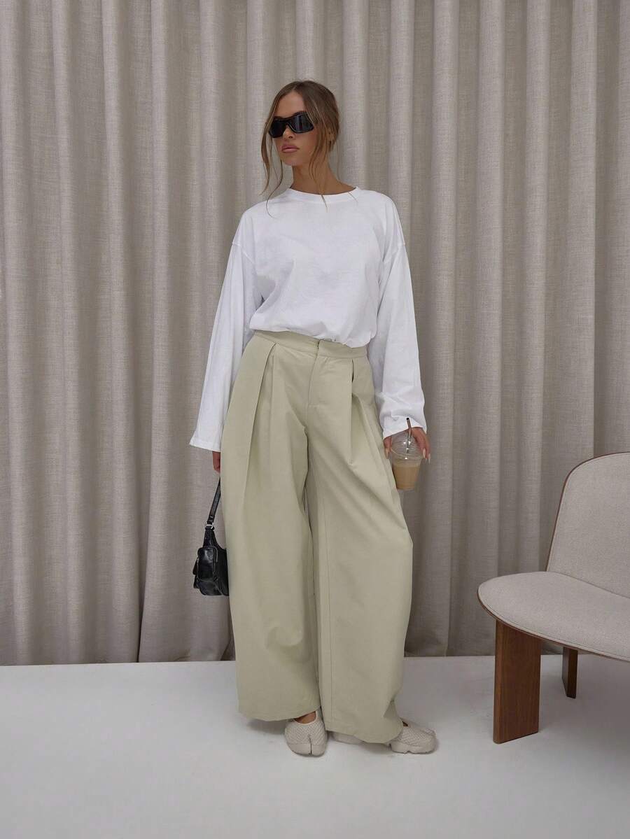 MUSERA 褶裥阔腿灯笼裤套装，优雅可爱性感街头风，适合夜间外出、冬季派对、春夏穿着。 - 杏色 - 查看 1