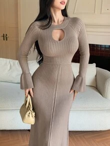 DAZY 女款優雅純色喇叭袖針織洋裝，秋季長袖上衣 - 酒紅色 - 查看 7