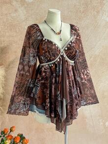 Dreamara Plus Size Women Vintage Floral Print Contrast Color Asymmetrical Hem Bell Sleeve Blouse, Autumn/Winter - Multicolor - View 5