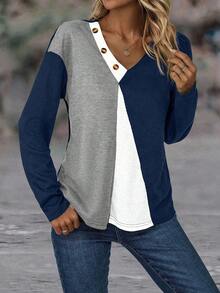 EMERY ROSE Áo thun hở vai họa tiết nút bấm phối màu dành cho nữ - Xám - Xem 4