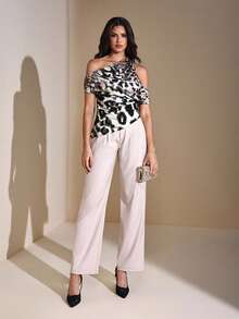 JIAN LASALA Animal Print Asymmetric Shoulder Ruched Knit Top Women Summer Autumn Casual Wear Leopard Print Top Animal Print Top One Sleeve Top Fall For Women Going Out Party Top New Year Wedding Guest Luxury Stylish Collection - Multicolor - View 2