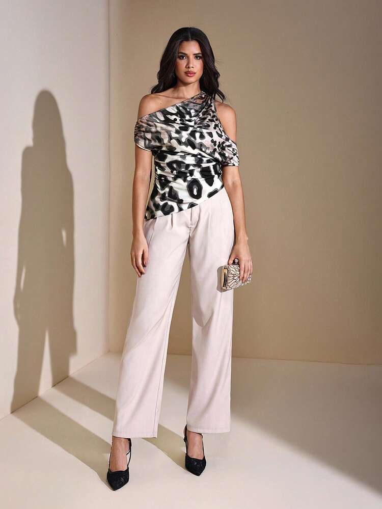 JIAN LASALA 动物纹不对称肩部褶皱针织上衣，女士夏季秋季休闲装，豹纹上衣，动物纹上衣，单袖上衣，秋季女士外出派对上衣，新年婚礼宾客奢华时尚系列 - 彩色 - 查看 2