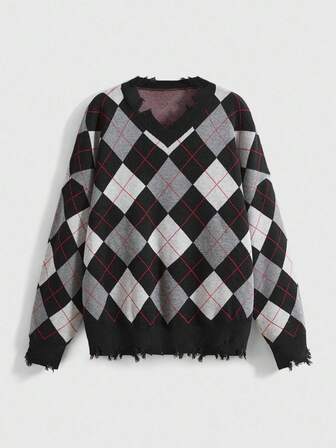 Grunge Punk Maglione oversize vintage in stile Dark Academia, a scollo a V, con motivo a quadri in diamante e effetto consumato, per donna