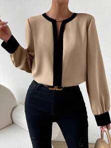 RosyDaze Camisa de manga larga minimalista con ribete de contraste para uso casual y diario de mujeres - Caqui - Ver 4