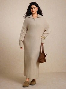 Elaquor 大码女式纯色落肩半拉链休闲针织超长毛衣裙长袖长裙毛衣裙女式针织超长裙秋冬女装