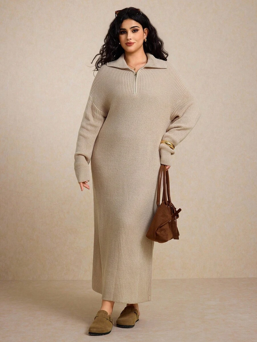 Elaquor 大码女式纯色落肩半拉链休闲针织超长毛衣裙长袖长裙毛衣裙女式针织超长裙秋冬女装