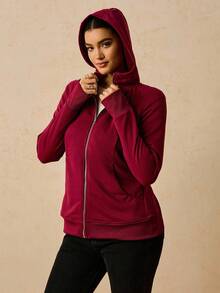 SHEIN VCAY Plus Size Women Outdoor Casual Sports Hooded Sweatshirt With Pockets, Slim Fit Long Sleeve Hoodie For Running, Yoga, Autumn Outerwear - Redwood - View 7