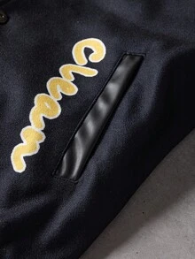 Manfinity Roghcode Chaqueta de manga larga con estampado de letra de color contrastante simple para hombre, chaqueta negra y dorada, otoño - Negro - Ver 3