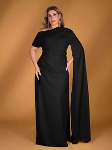 SHEIN Belle Plus Size Elegant Romantic Yellow Asymmetric-Shoulder Asymmetric Sleeve Ruffle Mermaid Hem Long Sleeve Dress, Suitable For Evening Party, Date, Vacation, Ball, Wedding, Bridesmaid