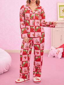 Strawberry Shortcake X SHEIN 女士草莓卡通图案长袖上衣和裤子睡衣套装，秋冬服装 - 紅色 - 查看 3
