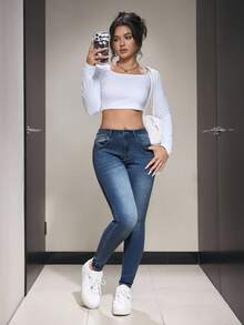 SHEIN PETITE 女式休闲水洗修身牛仔裤 - 中等水洗藍 - 查看 5