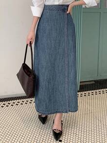 DAZY 女士裹身式侧系带开衩长款休闲牛仔裙 - 中等水洗藍 - 查看 4