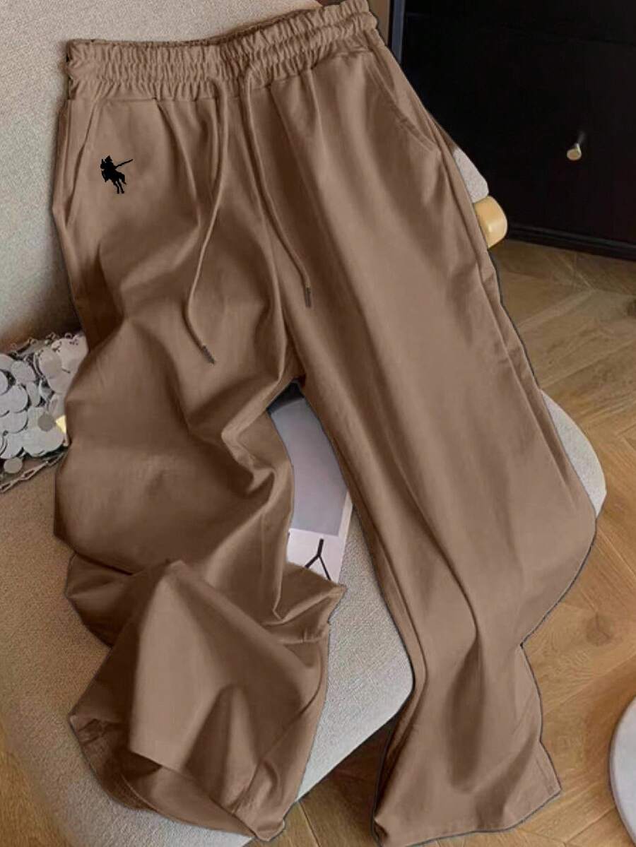 Resyla 全新休闲刺绣小马宽松纯色直筒裤女式 - 摩卡棕 - 查看 1
